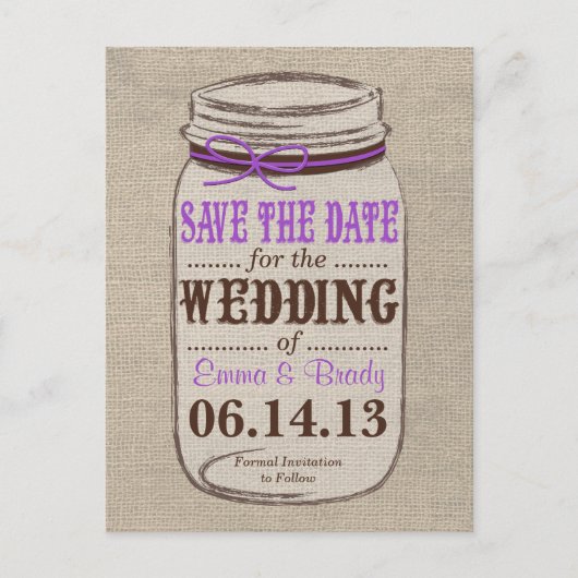 Rustic Burlap & Mason Jar Save the Date Postcard Ankündigungspostkarte (Vorderseite)