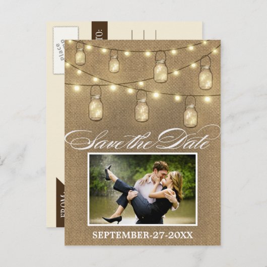 Rustic Burlap Mason Jar Save the Date Postkarten (Vorne/Hinten)