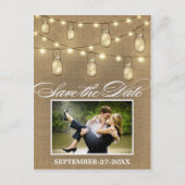 Rustic Burlap Mason Jar Save the Date Postkarten (Vorderseite)