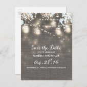 Rustic Burlap Mason Jar String Light Save the Date Ankündigungspostkarte (Vorne/Hinten)