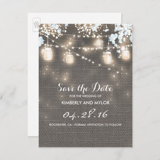 Rustic Burlap Mason Jar String Light Save the Date Ankündigungspostkarte (Vorne/Hinten)