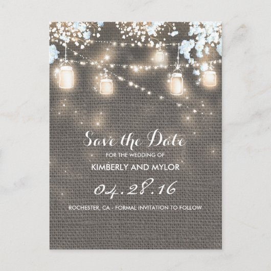 Rustic Burlap Mason Jar String Light Save the Date Ankündigungspostkarte (Vorderseite)
