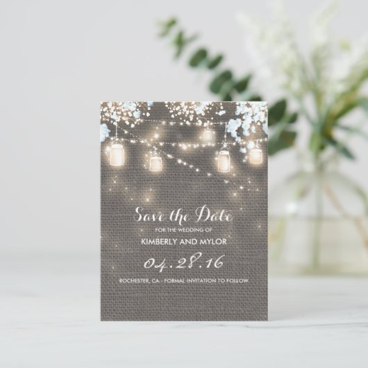 Rustic Burlap Mason Jar String Light Save the Date Ankündigungspostkarte (Stehend Vorderseite)