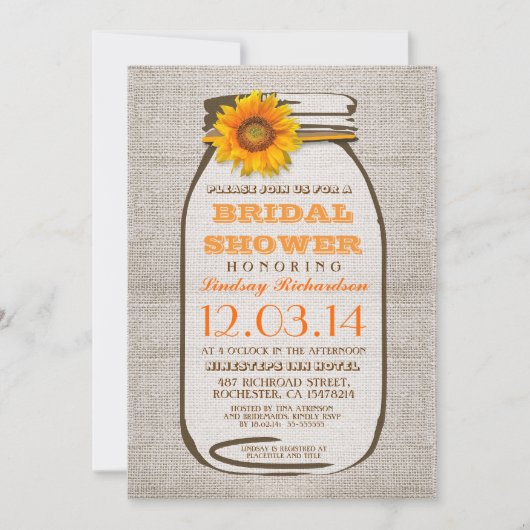 Rustic Burlap Mason Jar Sunflower Brautparty Einladung (Vorderseite)