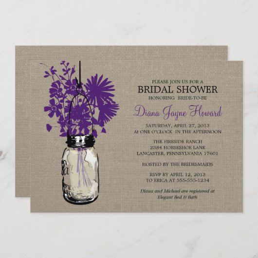 Rustic Burlap Mason Jar und Wildblumen Einladung (Vorne/Hinten)
