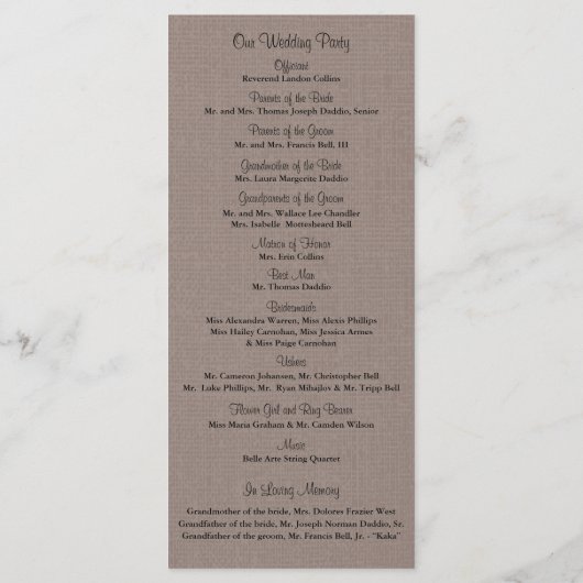 Rustic Burlap Mason Jar und Wildblumen Programm (Rückseite)