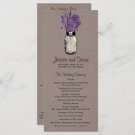 Rustic Burlap Mason Jar und Wildblumen Programm (Vorne/Hinten)