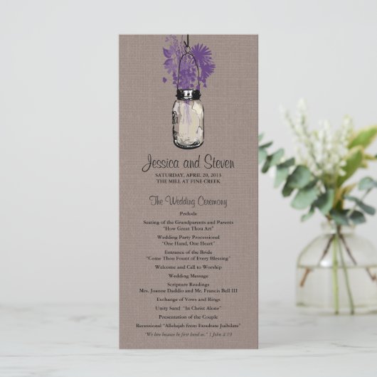 Rustic Burlap Mason Jar und Wildblumen Programm (Stehend Vorderseite)