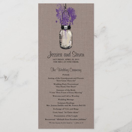 Rustic Burlap Mason Jar und Wildblumen Programm (Vorderseite)