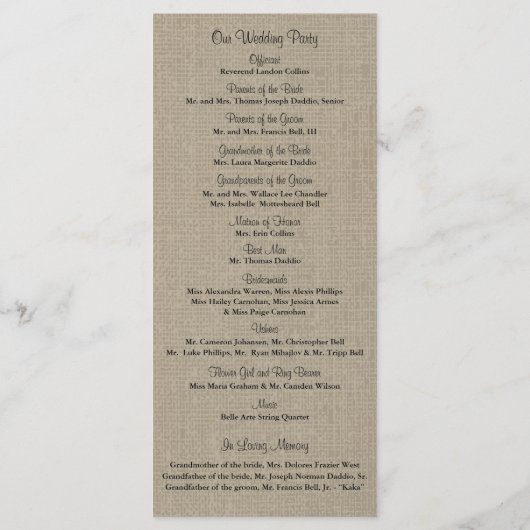 Rustic Burlap Mason Jar und Wildblumen Programm (Rückseite)