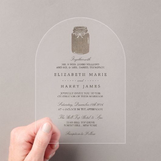 Rustic Burlap Mason Jar Wedding Acryleinladungen (Insitu (Handheld))