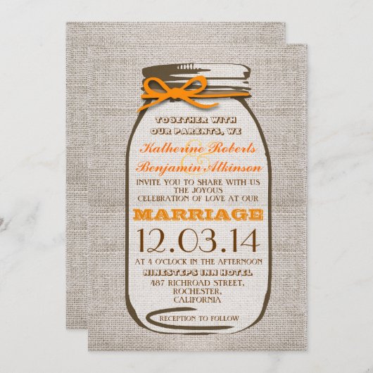 Rustic Burlap Mason Jar Wedding Einladung (Vorne/Hinten)