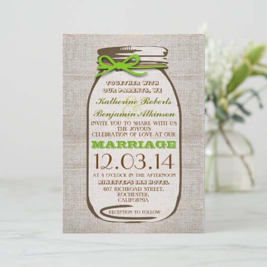 Rustic Burlap Mason Jar Wedding Einladung (Stehend Vorderseite)