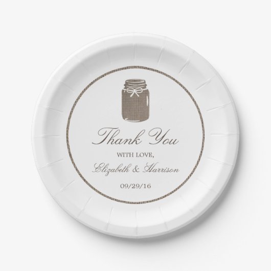 Rustic Burlap Mason Jar Wedding Pappteller (Vorderseite)