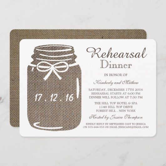 Rustic Burlap Mason Jar Wedding Probe Dinner Einladung (Vorne/Hinten)