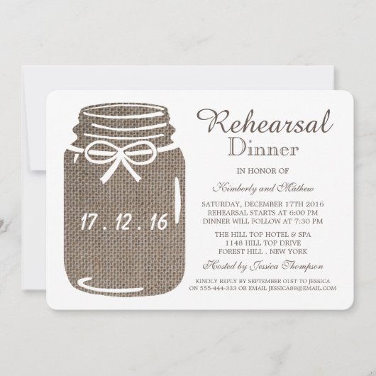 Rustic Burlap Mason Jar Wedding Probe Dinner Einladung (Vorderseite)