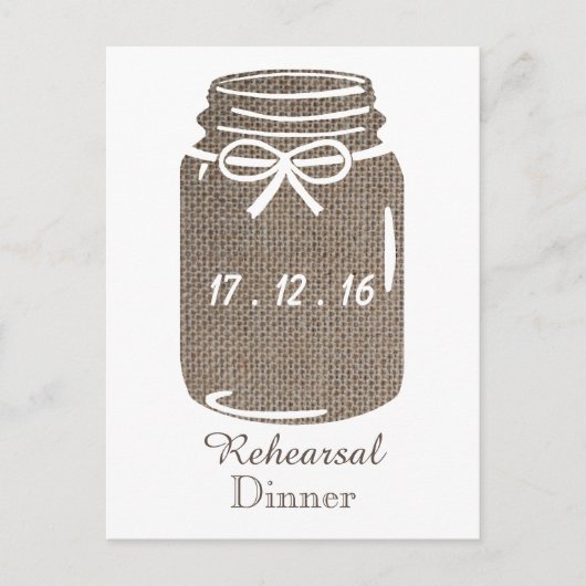 Rustic Burlap Mason Jar Wedding Probe Dinner Einladungspostkarte (Vorderseite)