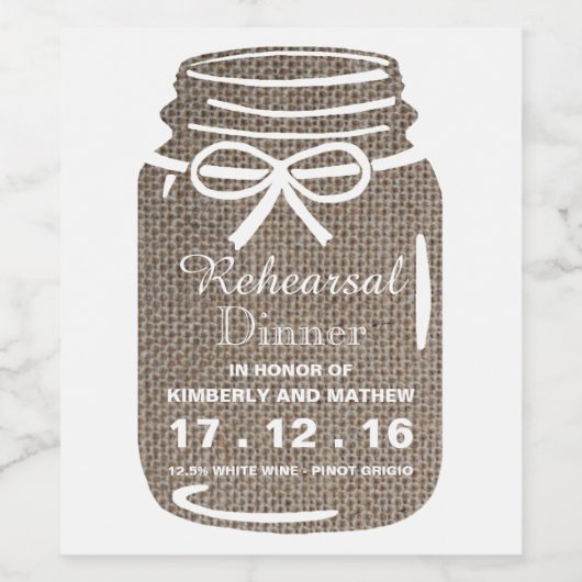 Rustic Burlap Mason Jar Wedding Probe Dinner Weinetikett (Einzelnes Label)