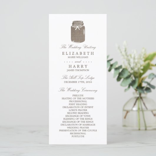 Rustic Burlap Mason Jar Wedding Program Programm (Stehend Vorderseite)