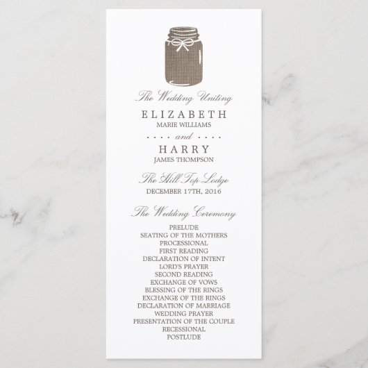 Rustic Burlap Mason Jar Wedding Program Programm (Vorderseite)