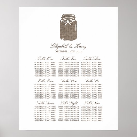 Rustic Burlap Mason Jar Wedding Seating Chart Poster (Vorne)
