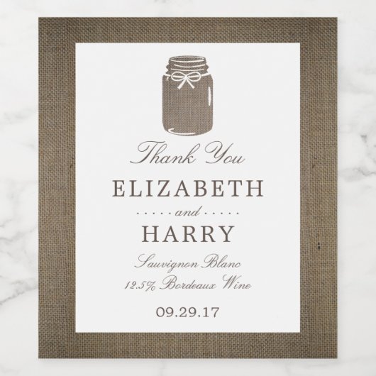 Rustic Burlap Mason Jar Wedding Weinetikett (Einzelnes Label)