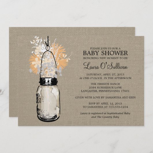 Rustic Burlap Mason Jar Wildblumen Babydusche Einladung (Vorne/Hinten)