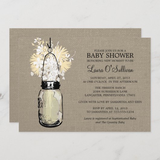 Rustic Burlap Mason Jar Wildblumen Babydusche Einladung (Vorne/Hinten)