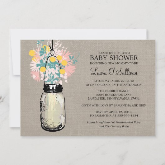 Rustic Burlap Mason Jar Wildblumen Babydusche Einladung (Vorderseite)