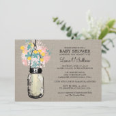 Rustic Burlap Mason Jar Wildblumen Babydusche Einladung (Stehend Vorderseite)
