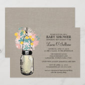 Rustic Burlap Mason Jar Wildblumen Babydusche Einladung (Vorne/Hinten)