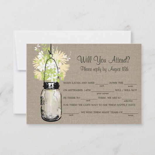 Rustic Burlap Mason Jar Wildblumen LIB UAWG RSVP Karte (Vorderseite)