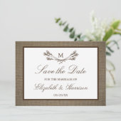 Rustic Burlap Monogram Branch Save the Date (Stehend Vorderseite)