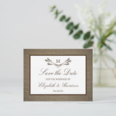 Rustic Burlap Monogram Branch Save the Date Ankündigungspostkarte (Stehend Vorderseite)