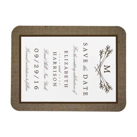 Rustic Burlap Monogram Branch Save the Date Magnet (Horizontal)