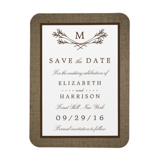 Rustic Burlap Monogram Branch Save the Date Magnet (Vertikal)