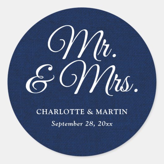 Rustic Burlap Navy Blue Mr. und Mrs. Wedding Runder Aufkleber (Vorderseite)