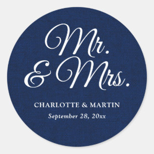 Rustic Burlap Navy Blue Mr. und Mrs. Wedding Runder Aufkleber