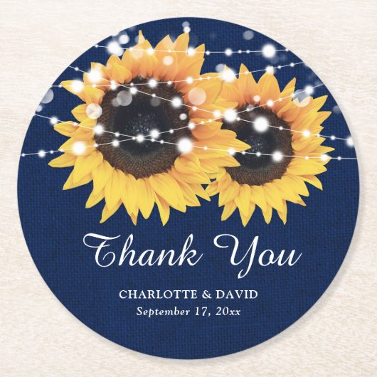 Rustic Burlap Navy Blue Sunflower Wedding Runder Pappuntersetzer (Vorderseite)