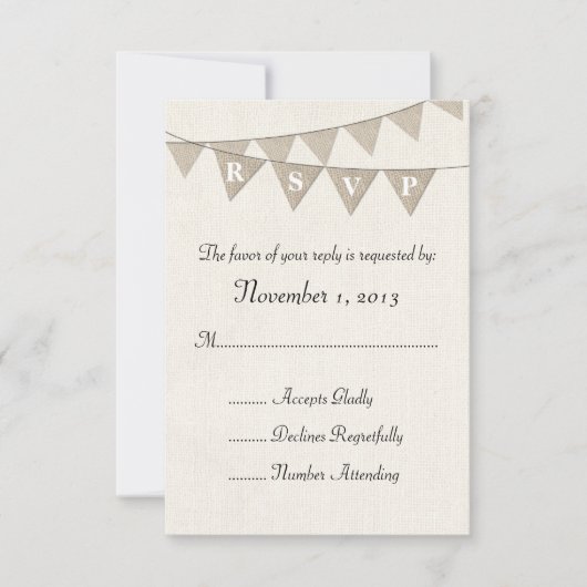 Rustic Burlap Pennant Wedding RSVP Karte (Vorderseite)
