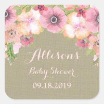 Rustic Burlap Pink Floral Baby Shooter Tag