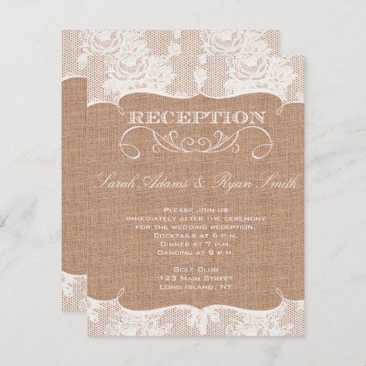Rustic Burlap Print & Lace Empfang Einladung (Vorne/Hinten)
