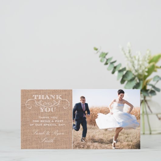 Rustic Burlap Print Wedding Foto Danke Karten (Stehend Vorderseite)