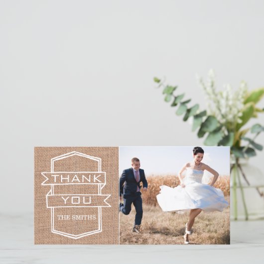 Rustic Burlap Print Wedding Foto Danke Karten (Stehend Vorderseite)