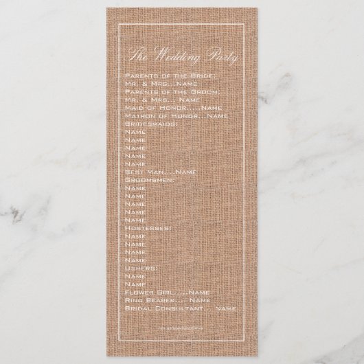 Rustic Burlap Print Wedding Programm (Rückseite)