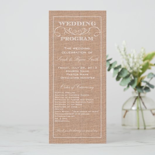 Rustic Burlap Print Wedding Programm (Stehend Vorderseite)
