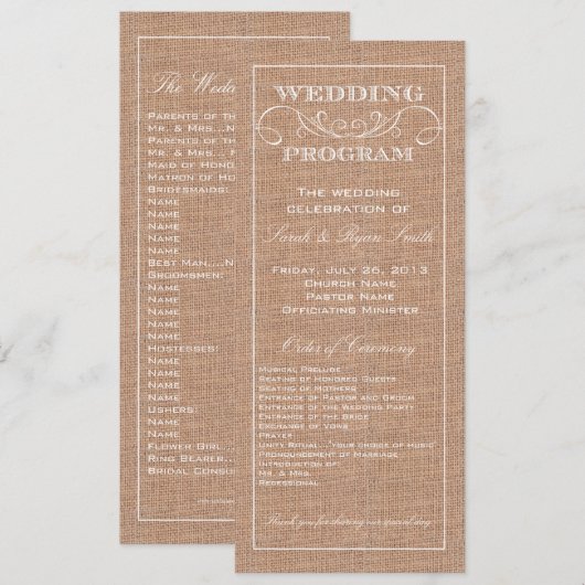 Rustic Burlap Print Wedding Programm (Vorne/Hinten)