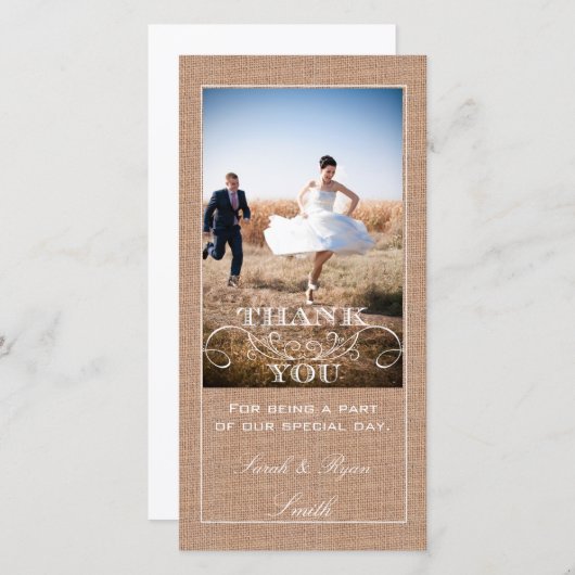 Rustic Burlap Print Wedding Vielen Dank Foto Cards Dankeskarte (Vorne/Hinten)