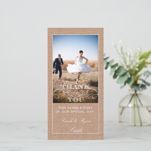 Rustic Burlap Print Wedding Vielen Dank Foto Cards Dankeskarte (Stehend Vorderseite)