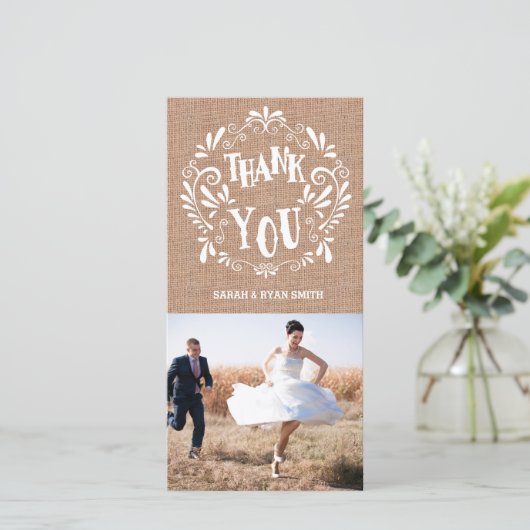 Rustic Burlap Print Wedding Vielen Dank Foto Cards Dankeskarte (Stehend Vorderseite)